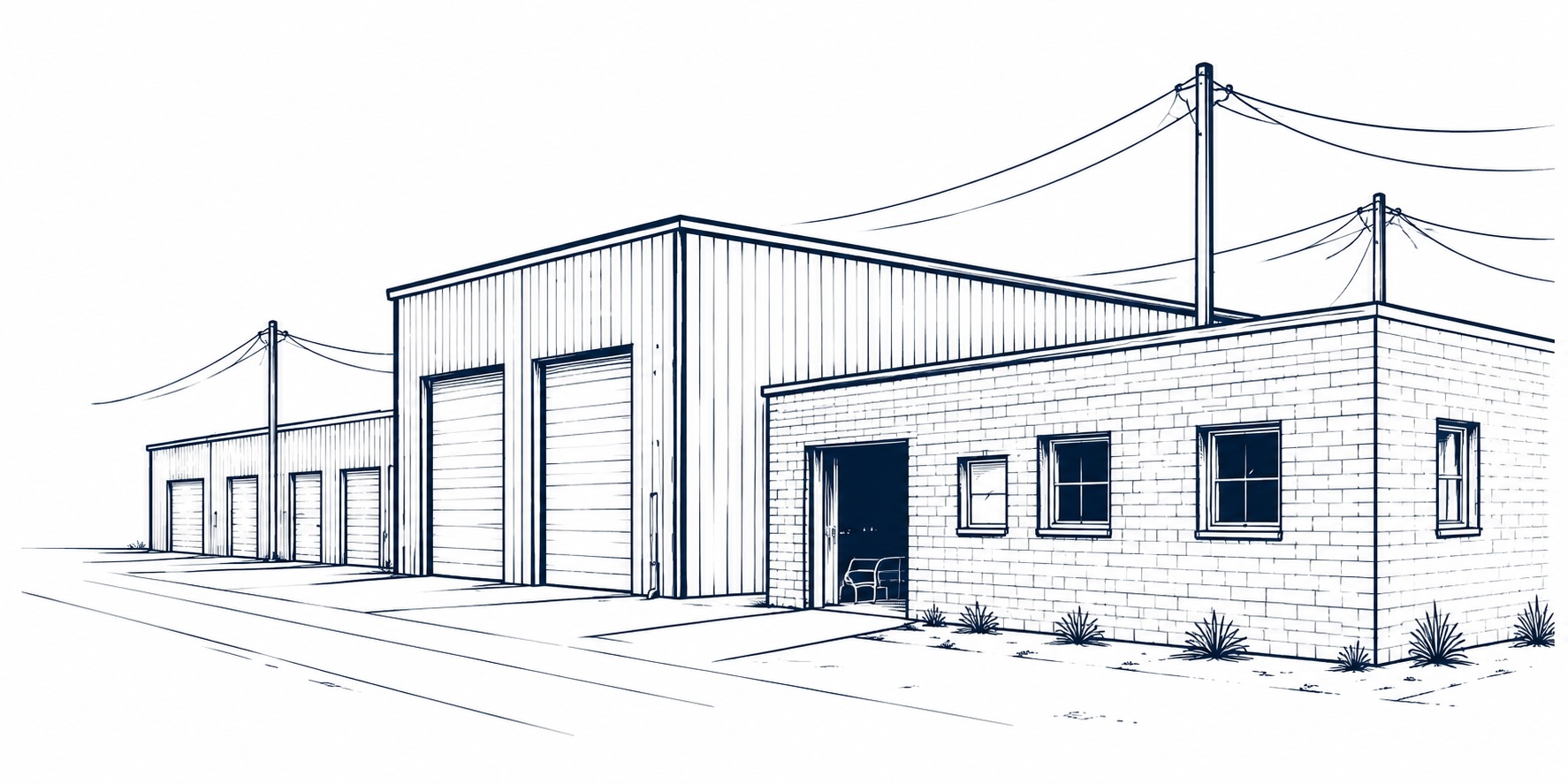 Architectural illustration of commercial shop and office buildings at North Prince Business Park, Clovis NM