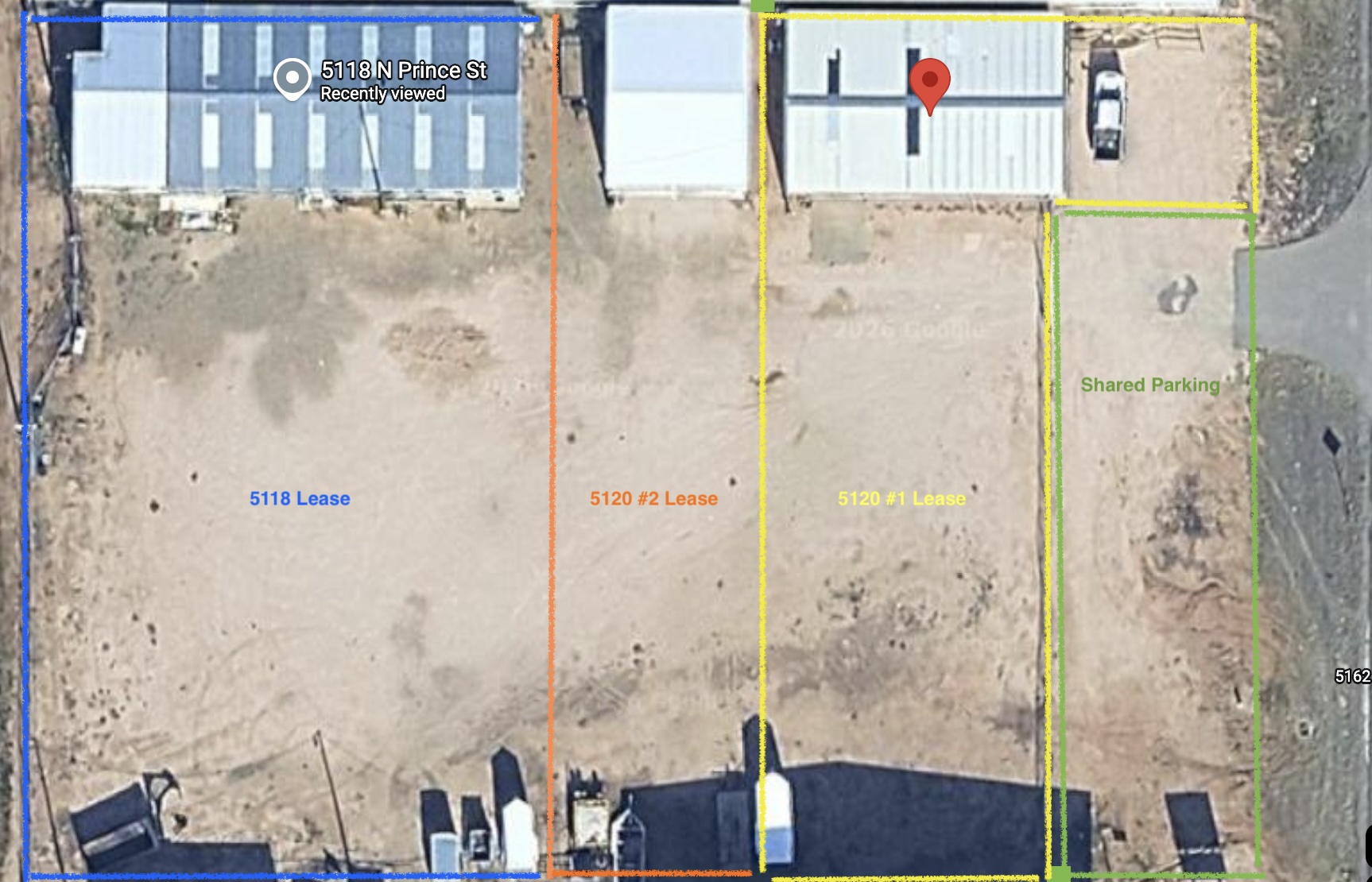 Aerial map of North Prince Business Park lease areas showing 5118, 5120 #1, 5120 #2, and shared parking in Clovis NM